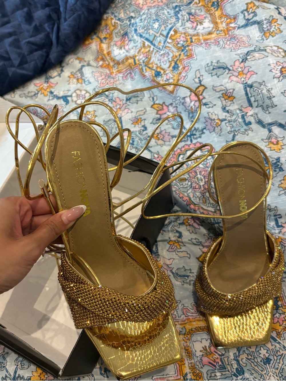 Fashion Nova Gold Strappy Rhinestone Heeled Sandals- brand new size 7